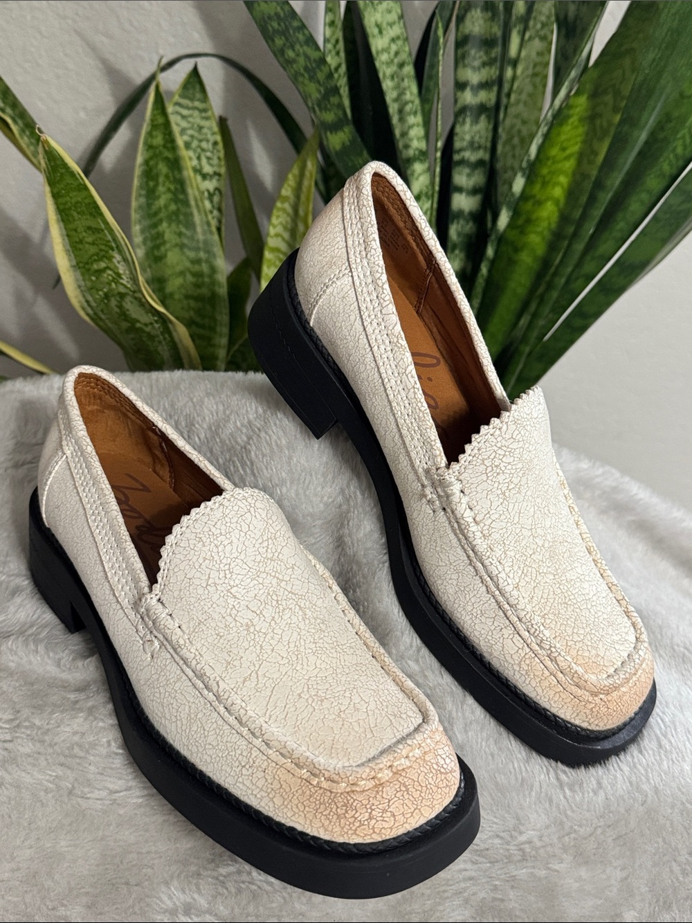 Zodiac Alaina Cream Cracked Faux Leather Square Toe Loafer- New! Women's 8